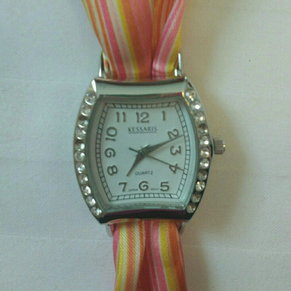Kessaris watch w/ rhinestones striped fabric strap